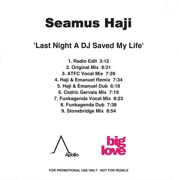 Seamus Haji : Last Night A DJ Saved My Life (CDr, Promo)