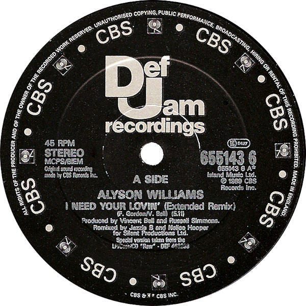 Alyson Williams : I Need Your Lovin' (Extended Remix) (12")