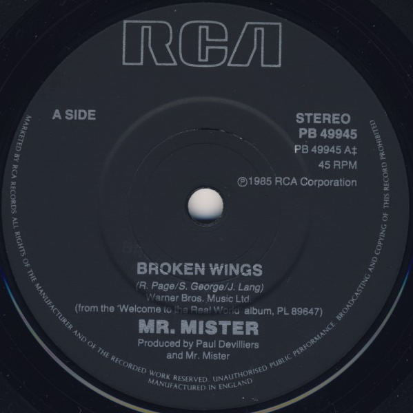 Mr. Mister : Broken Wings (7", Single)