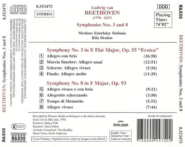 Ludwig van Beethoven / Nicolaus Esterházy Sinfonia / Bela Drahos : Symphonies - No. 3 "Eroica" And No. 8 (CD)