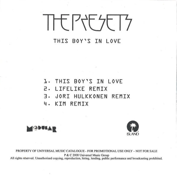 The Presets (2) : This Boy's In Love (CDr, Single, Promo)