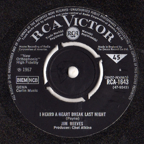 Jim Reeves : I Heard A Heart Break Last Night (7")