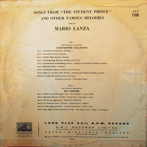 Mario Lanza : Songs From "The Student Prince" And Other Famous Melodies (LP, Album)