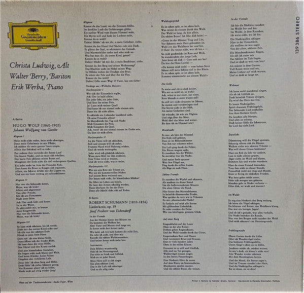 Hugo Wolf, Robert Schumann, Christa Ludwig, Walter Berry, Erik Werba : Lieder Der Mignon / Gesänge Aus "Wilhelm Meister" / Liederkreis Op. 39 (LP, Album)