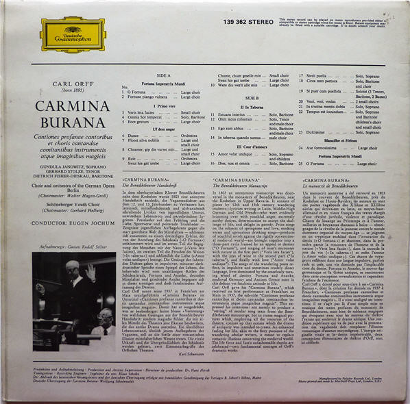 Carl Orff - Gundula Janowitz, Gerhard Stolze, Dietrich Fischer-Dieskau, Chor Der Deutschen Oper Berlin And Orchester Der Deutschen Oper Berlin, Eugen Jochum : Carmina Burana (LP, Gat)