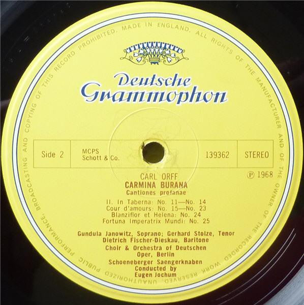 Carl Orff - Gundula Janowitz, Gerhard Stolze, Dietrich Fischer-Dieskau, Chor Der Deutschen Oper Berlin And Orchester Der Deutschen Oper Berlin, Eugen Jochum : Carmina Burana (LP, Gat)