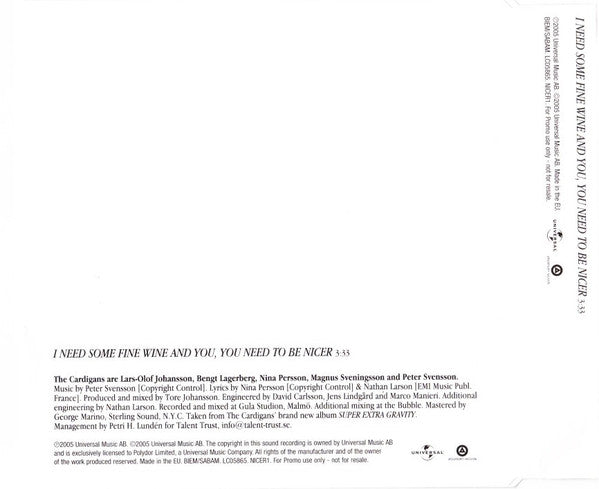 The Cardigans : I Need Some Fine Wine And You, You Need To Be Nicer (CD, Single, Promo)