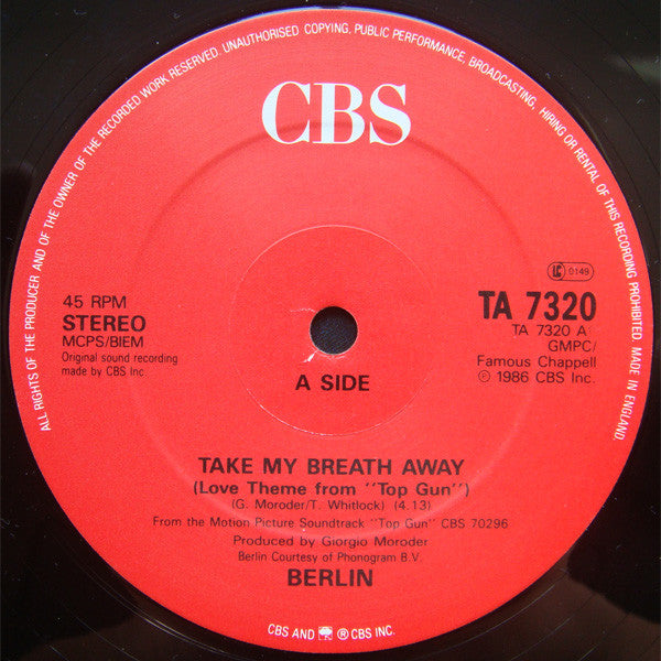 Berlin : Take My Breath Away (Love Theme From "Top Gun") (12", Single)