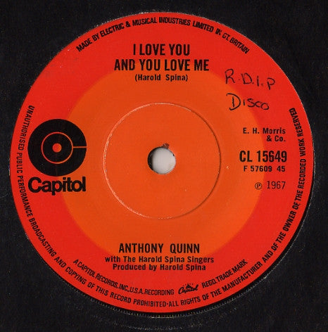 Anthony Quinn With The Harold Spina Singers : I Love You And You Love Me (7", RE)