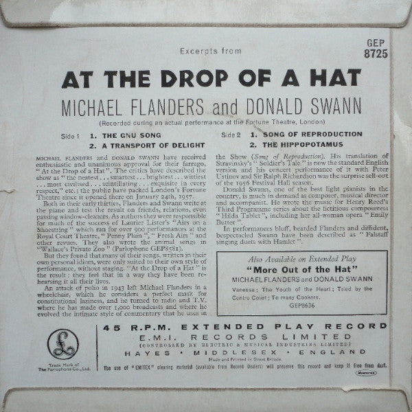 Flanders & Swann : Excerpts From "At The Drop Of A Hat" (7", EP, RP)