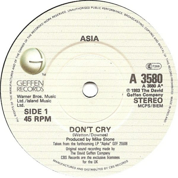 Asia (2) : Don't Cry (7", Single)