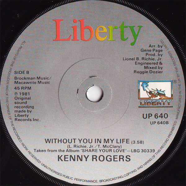 Kenny Rogers : I Don't Need You (7", Single, Sol)