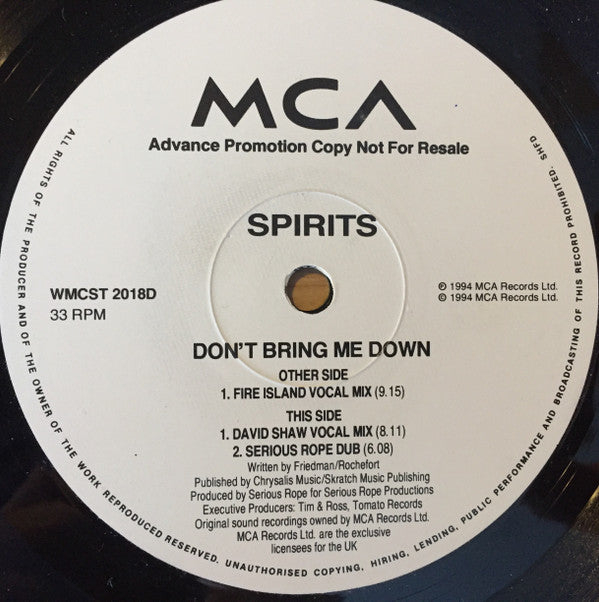 Spirits : Don't Bring Me Down (2x12", Advance, Promo)