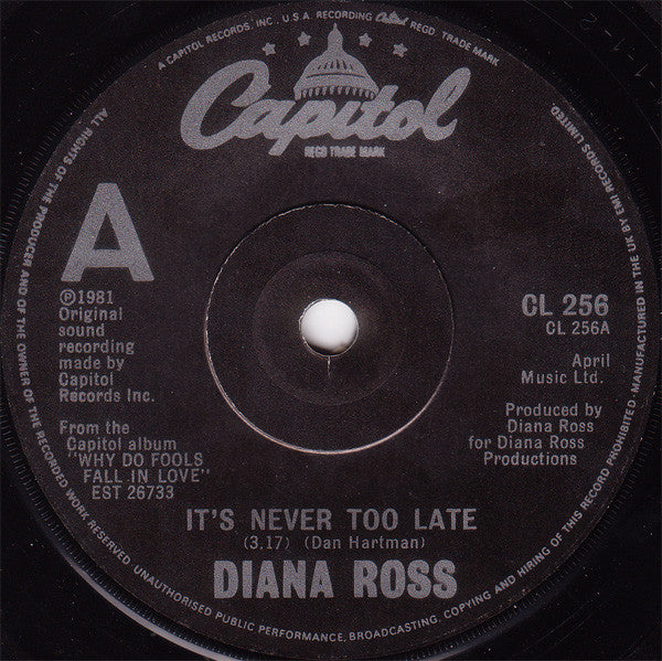 Diana Ross : It's Never Too Late (7", Single, Sol)