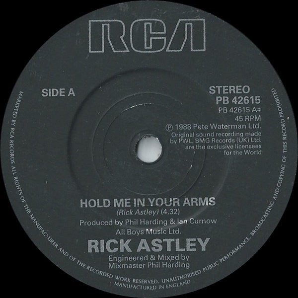 Rick Astley : Hold Me In Your Arms (7", Single)