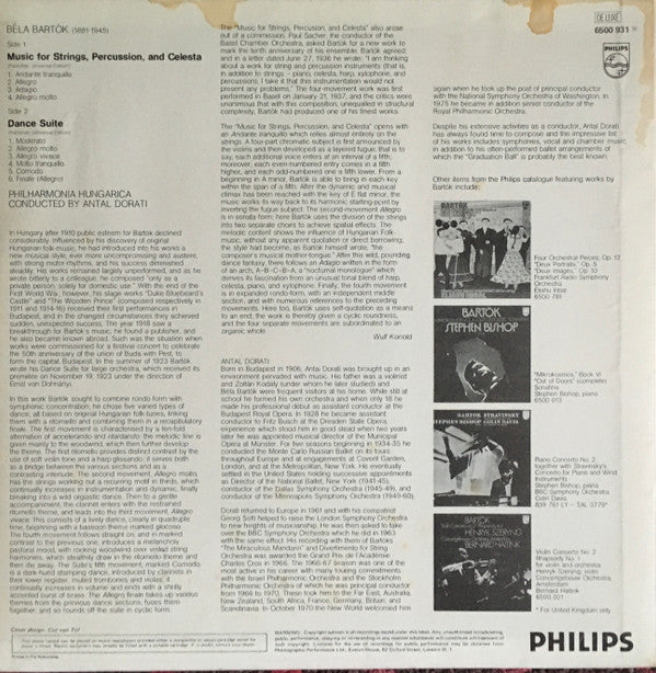 Béla Bartók, Philharmonia Hungarica, Antal Dorati : Music For Strings, Percussion, And Celesta / Dance Suite (LP)