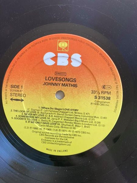 Johnny Mathis : Love Songs (LP, Comp)