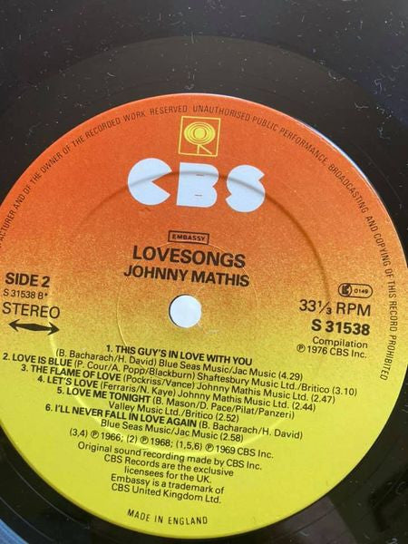 Johnny Mathis : Love Songs (LP, Comp)