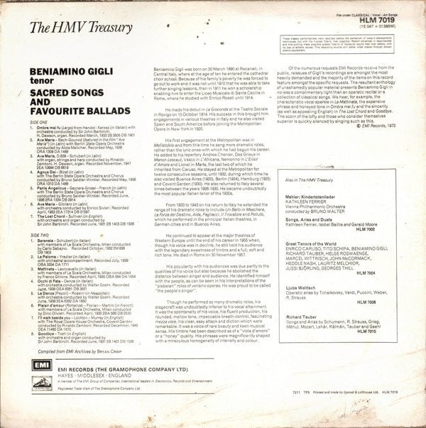 Beniamino Gigli : Sacred Songs And Favourite Ballads (LP, Comp)