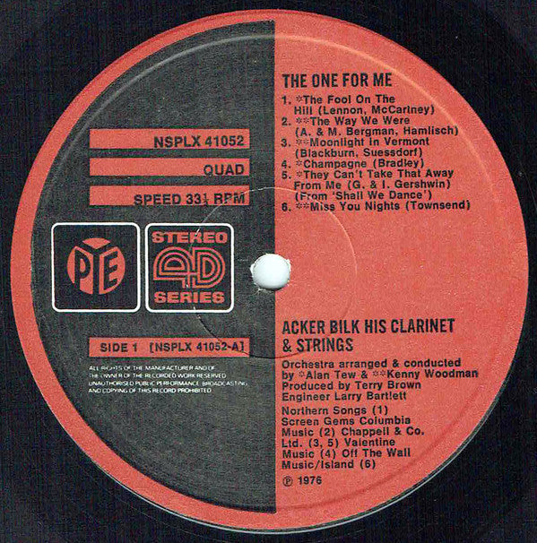 Acker Bilk His Clarinet And Strings : The One For Me (LP, Album, Quad)