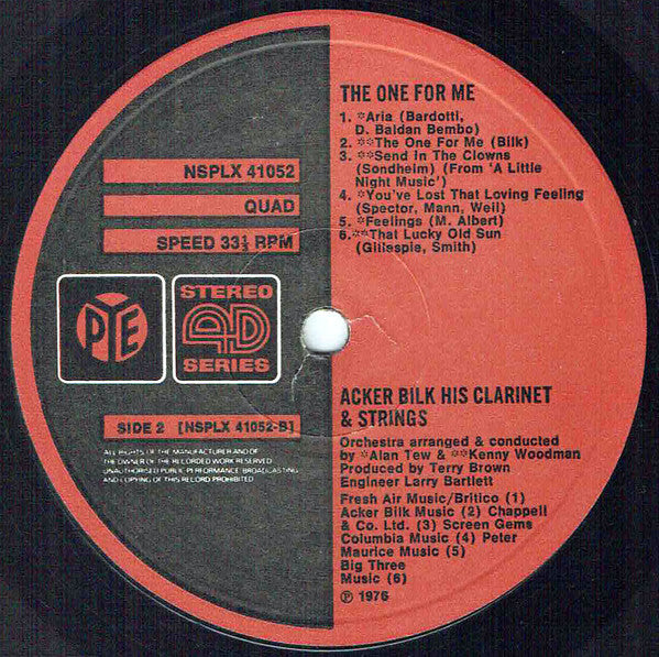 Acker Bilk His Clarinet And Strings : The One For Me (LP, Album, Quad)