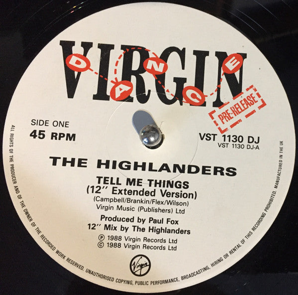 The Highlanders : Tell Me Things (12", Promo)