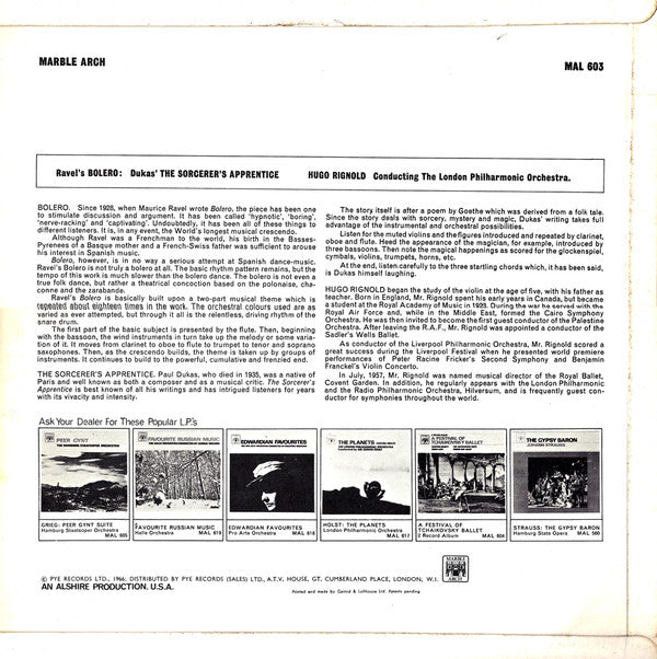 Maurice Ravel / Paul Dukas - Hugo Rignold, London Philharmonic Orchestra : Bolero / The Sorcerer's Apprentice (LP, Mono, RE)