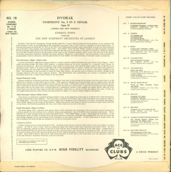 Antonín Dvořák . The New Symphony Orchestra Of London, Enrique Jordá : New World Symphony (LP, Mono, RE, R/T)