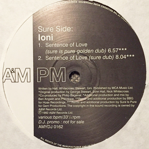 Ioni : Sentence Of Love (Mixes) (12", Promo)