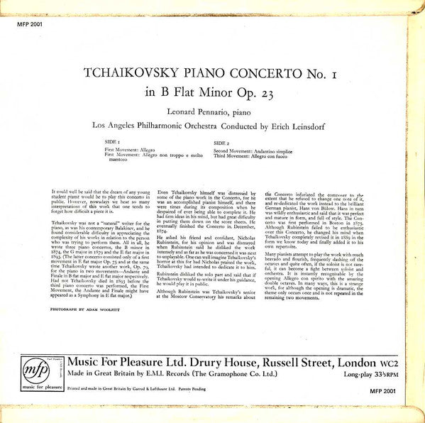 Pyotr Ilyich Tchaikovsky, Leonard Pennario, Los Angeles Philharmonic Orchestra, Erich Leinsdorf : Piano Concerto No. 1 In B Flat Minor (LP, Mono, RE)