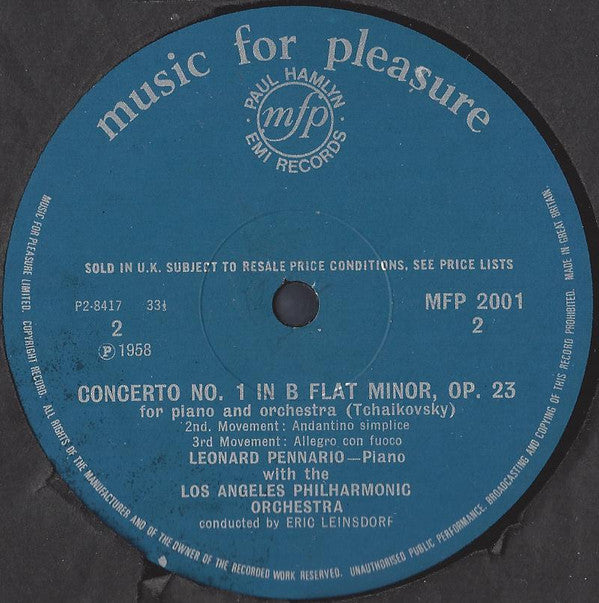 Pyotr Ilyich Tchaikovsky, Leonard Pennario, Los Angeles Philharmonic Orchestra, Erich Leinsdorf : Piano Concerto No. 1 In B Flat Minor (LP, Mono, RE)