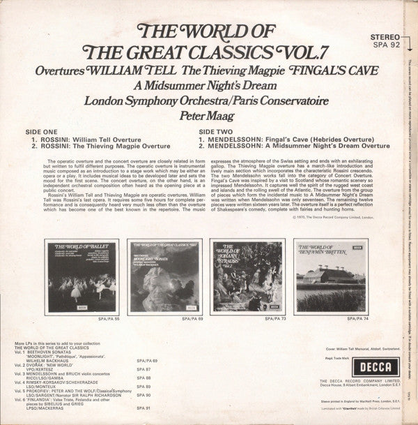 London Symphony Orchestra / Orchestre De La Société Des Concerts Du Conservatoire, Peter Maag : The World Of The Great Classics Vol.7 (LP, Comp)