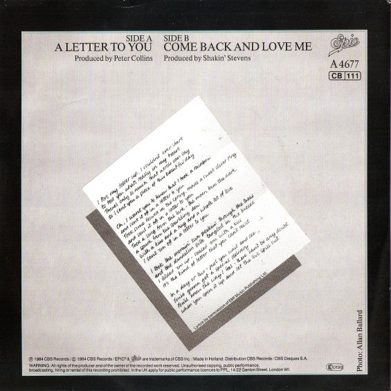 Shakin' Stevens : A Letter To You (7", Single)