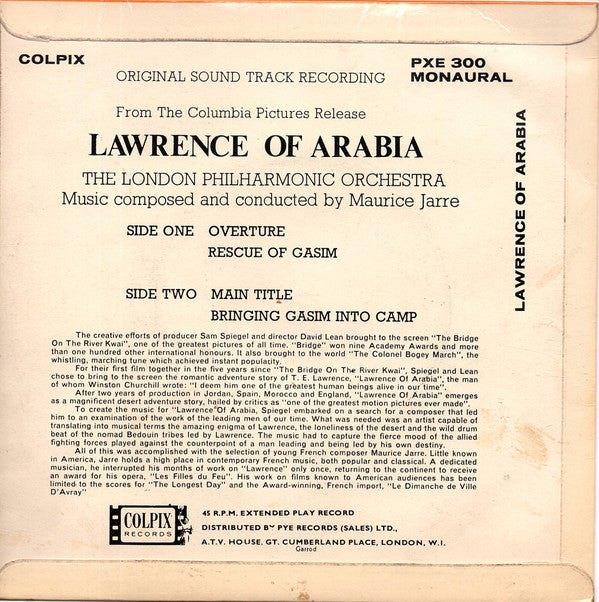 Maurice Jarre, London Philharmonic Orchestra : Lawrence Of Arabia (7", EP, 4 P)