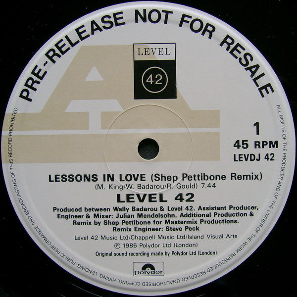 Level 42 : Lessons In Love (U.S. Remix) (12", S/Sided, Promo)