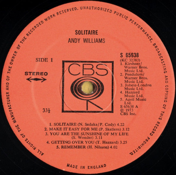 Andy Williams : Solitaire (LP, Album)