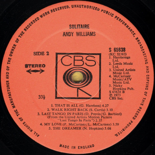 Andy Williams : Solitaire (LP, Album)