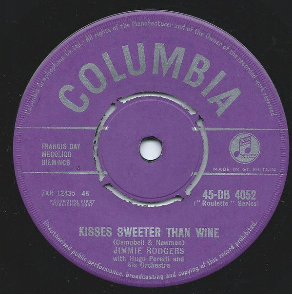 Jimmie Rodgers (2) : Kisses Sweeter Than Wine (7", Single)
