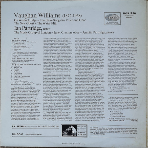 Ralph Vaughan Williams - Ian Partridge, The Music Group Of London, Janet Craxton, Jennifer Partridge : On Wenlock Edge (LP)