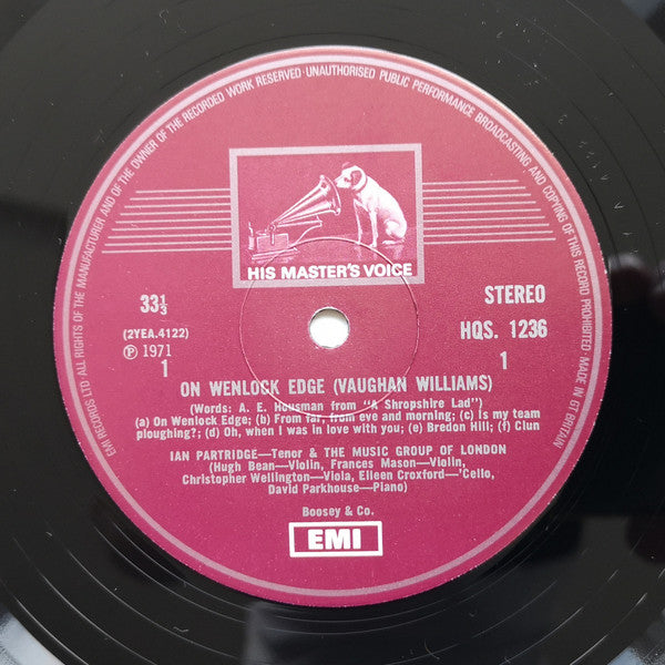 Ralph Vaughan Williams - Ian Partridge, The Music Group Of London, Janet Craxton, Jennifer Partridge : On Wenlock Edge (LP)