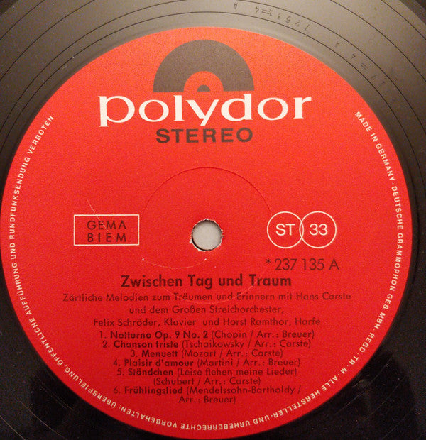 Hans Carste Und Sein Orchester : Zwischen Tag Und Traum (LP)