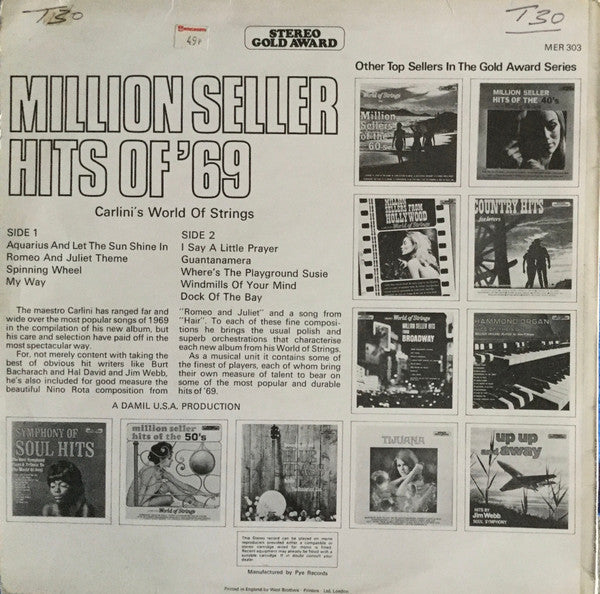 Carlini's World Of Strings : Million Seller Hits Of '69 (LP, Comp)