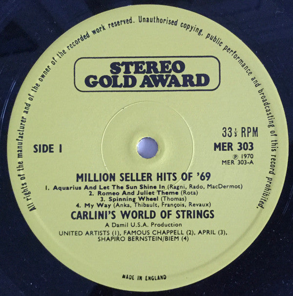Carlini's World Of Strings : Million Seller Hits Of '69 (LP, Comp)