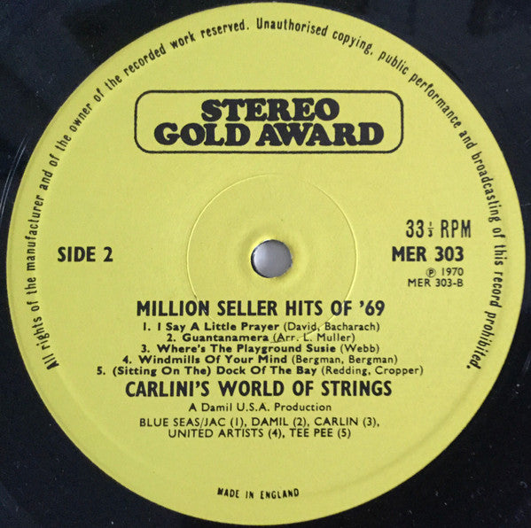 Carlini's World Of Strings : Million Seller Hits Of '69 (LP, Comp)