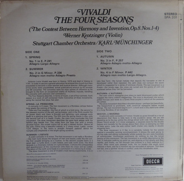 Antonio Vivaldi - Werner Krotzinger, Stuttgarter Kammerorchester, Karl Münchinger : The Four Seasons (LP, RE)