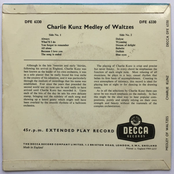 Charlie Kunz : Medley Of Waltzes (7", EP, Tri)