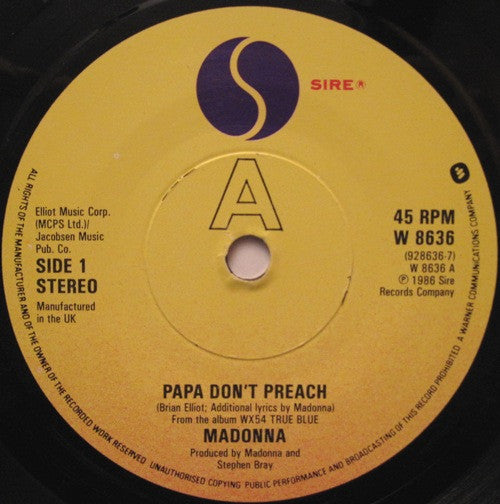 Madonna : Papa Don't Preach (7", Single, Pap)
