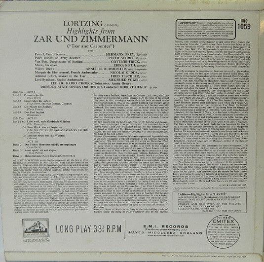 Albert Lortzing : Zar Und Zimmermann Highlights (LP)