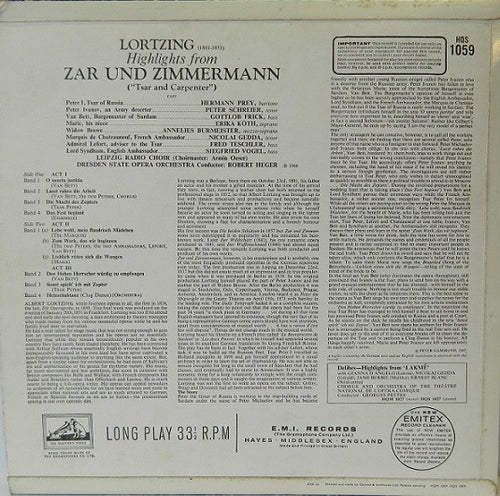 Albert Lortzing : Zar Und Zimmermann Highlights (LP)