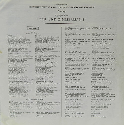 Albert Lortzing : Zar Und Zimmermann Highlights (LP)